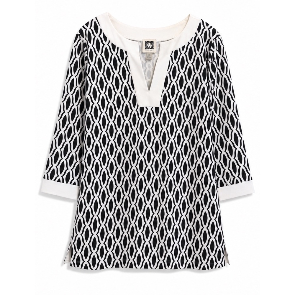 Anne Klein 2X Plus Size Tunic Black White Geometric Graphic Print Split Neck Top